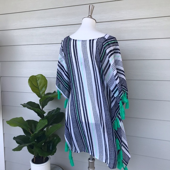 NWT Navy + Green Tassel Caftan CoverUp Beach Dress - Picture 7 of 8